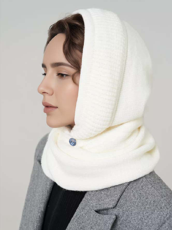 Solid Color Fashion Casual Knit Hat With Cross Scarf Beige
