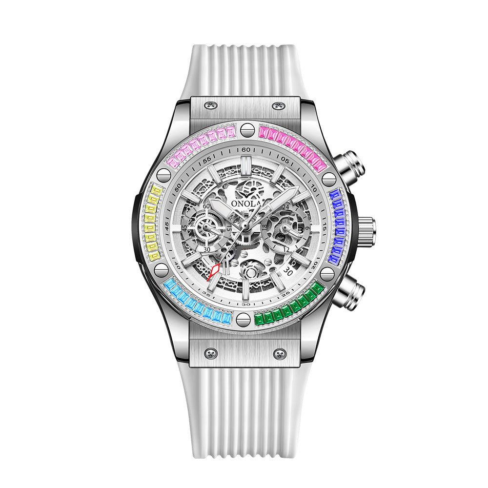 Men's Fashionable All-match Waterproof Multi-functional Quartz Watch Silver White