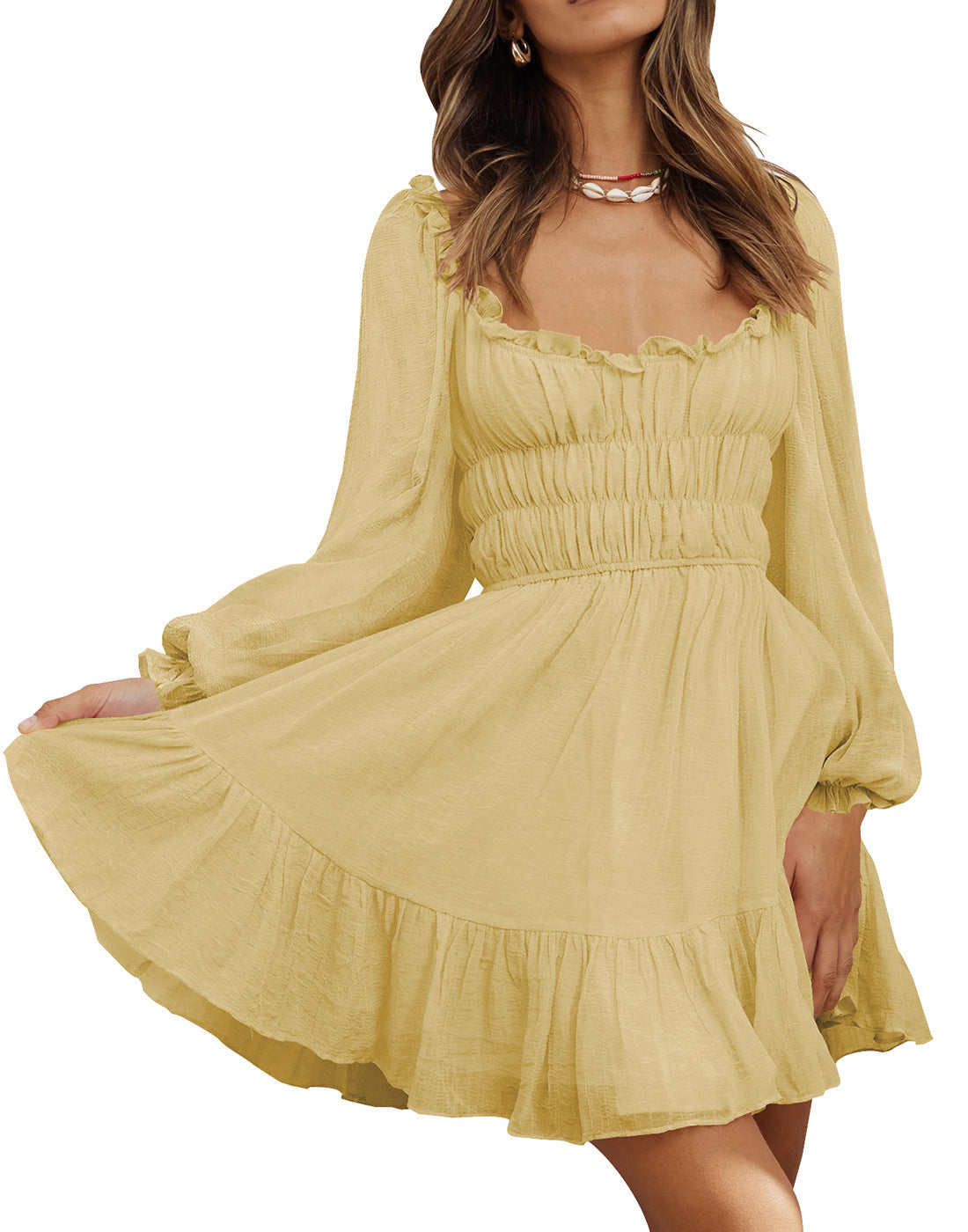 Square Neck Pleated Ruffle Lantern Sleeve Fresh And Sweet Dress Yellow
