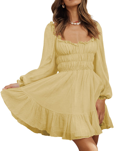 Square Neck Pleated Ruffle Lantern Sleeve Fresh And Sweet Dress Yellow