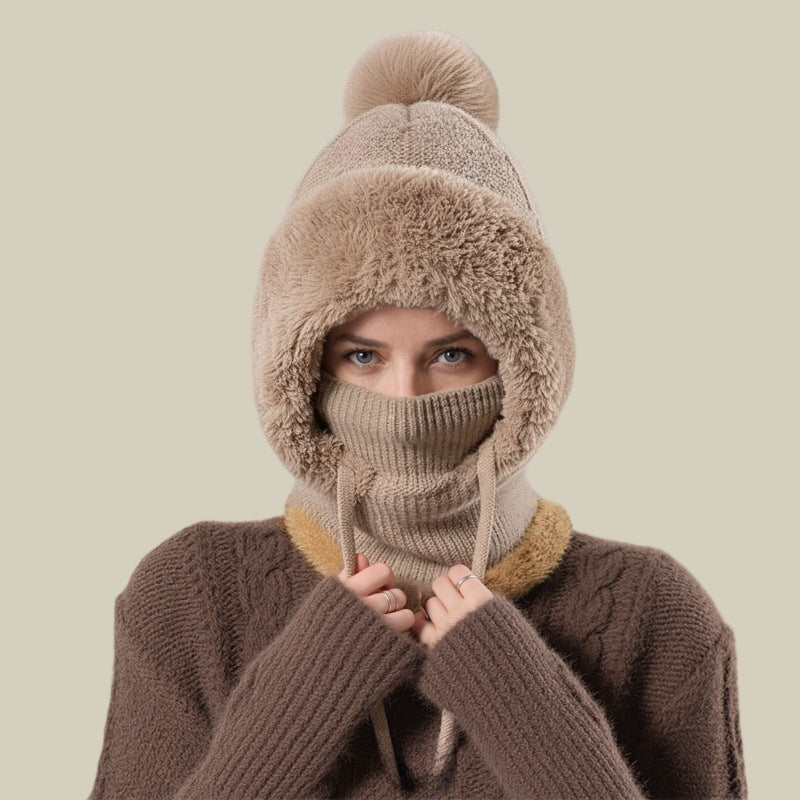 Scarf Integrated Knit Women's Fleece-lined Warm Hat Khaki