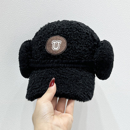 Versatile Letters Lamb Wool Baseball Cap For Women Black 54to59cm Adjustable