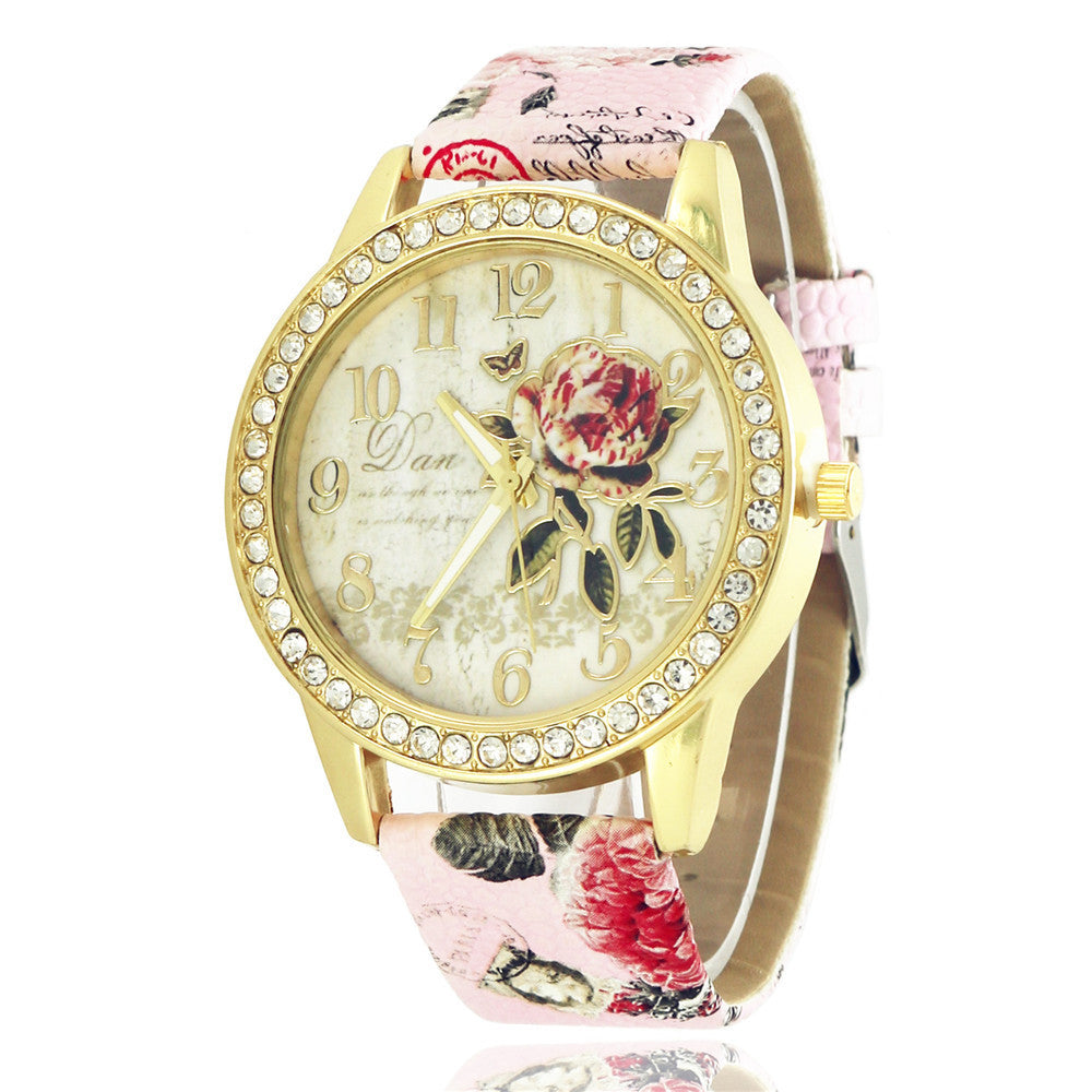 Diamond-inlaid Gold Case Rose Pattern Fashion Quartz Watch Pink