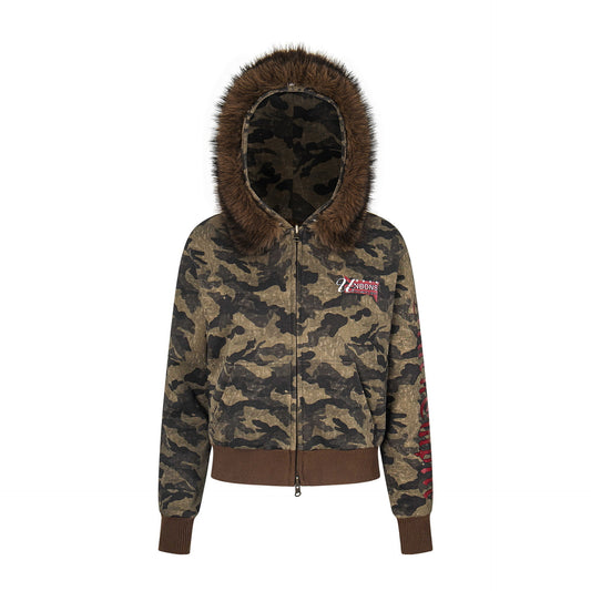 American Retro Camouflage Reversible Detachable Hooded Fur Jacket Camouflage
