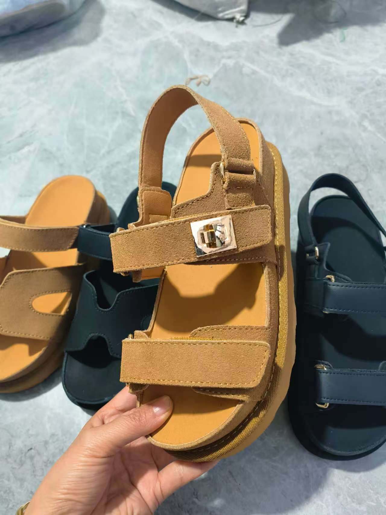 Plus Size Platform Sandals Suede Velcro Outdoor Roman Sandals Women's Shoes Brown