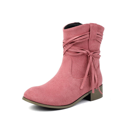 Short Boots Round Toe Foreign Trade Suede Tassel Women's Shoes Pink