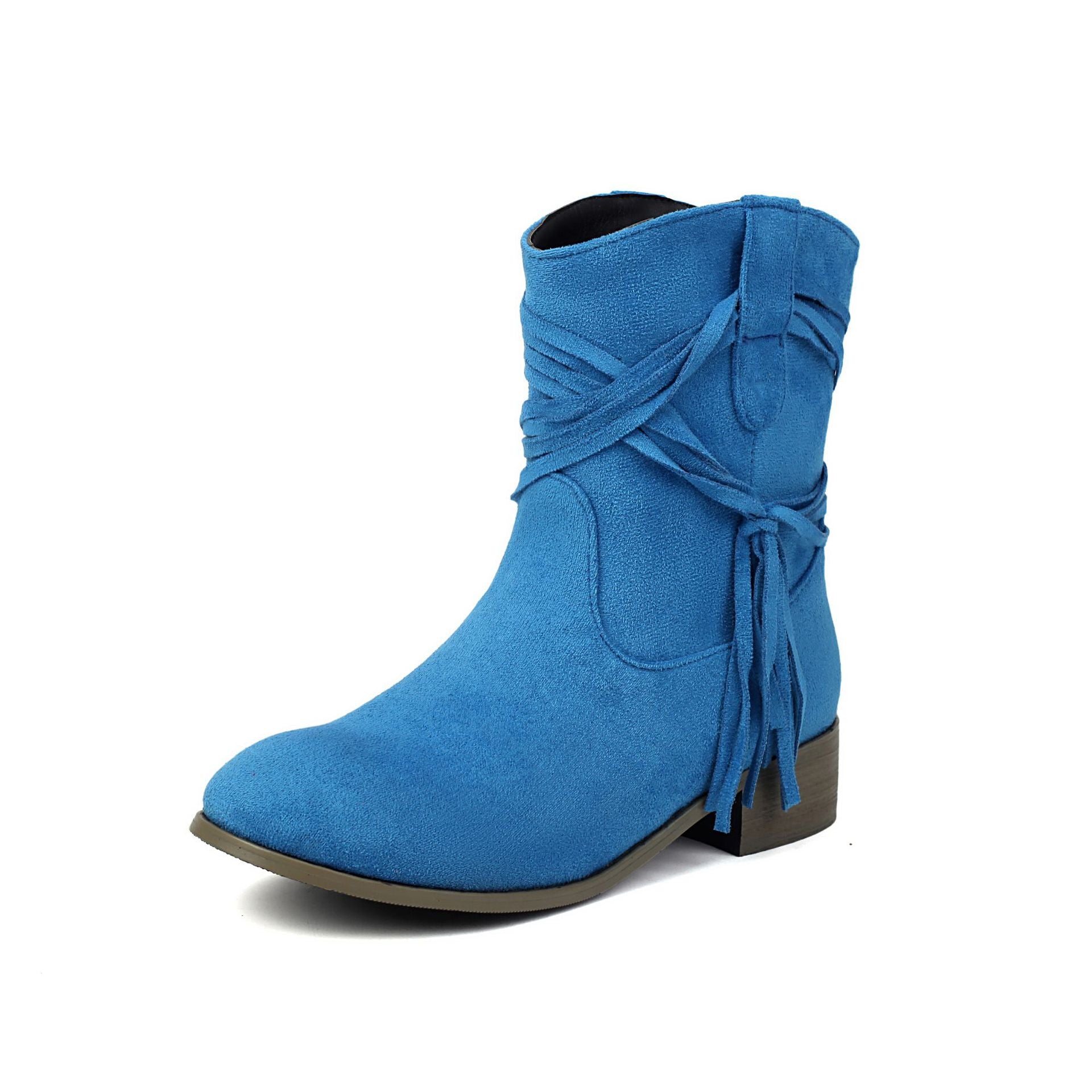 Short Boots Round Toe Foreign Trade Suede Tassel Women's Shoes Blue