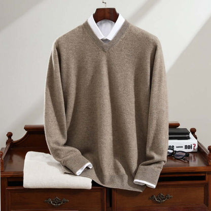Men's Cashmere Sweater Pure Cashmere V-neck Long Sleeve Knitted Sweater Raw Velvet Camel