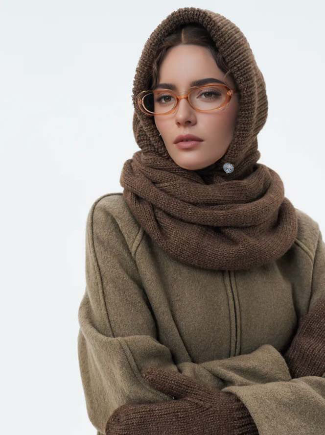 Solid Color Fashion Casual Knit Hat With Cross Scarf Coffee Brown