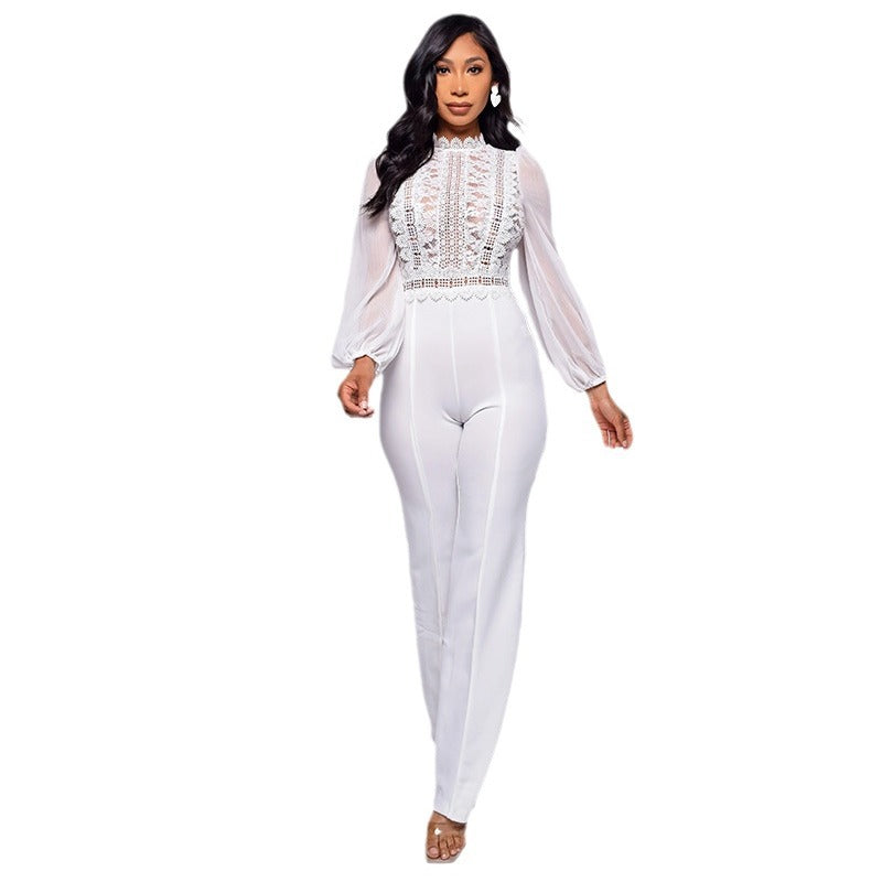 High-waisted Straight-leg Women's High-neck Lace Long-sleeve Jumpsuit White