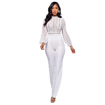 High-waisted Straight-leg Women's High-neck Lace Long-sleeve Jumpsuit White