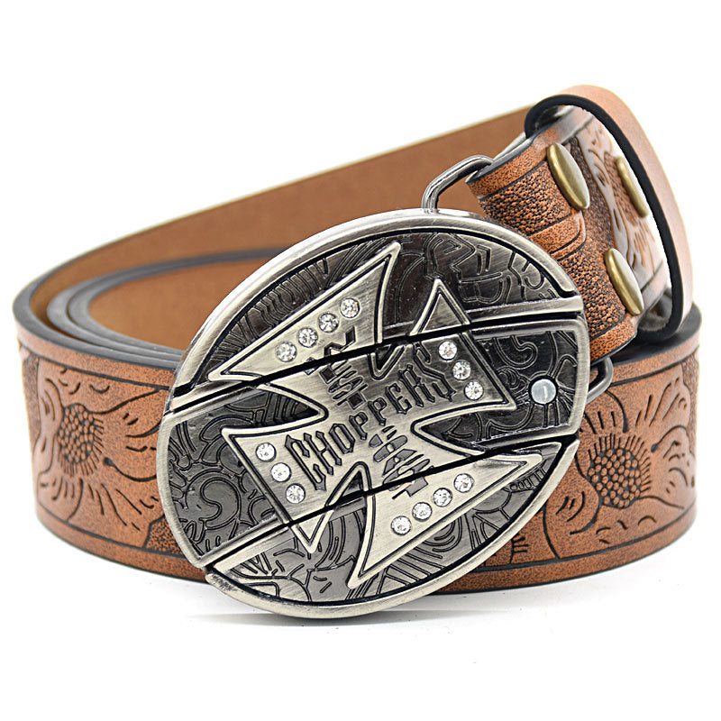 Personality Student Trendy Printing Engraving Smooth Buckle Knife Embossing Belt Big Cross Brown