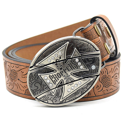 Personality Student Trendy Printing Engraving Smooth Buckle Knife Embossing Belt Big Cross Brown