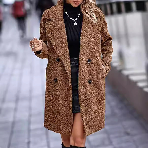 Fashion Button Pocket Long Sleeve Plush Women's Coat Brown