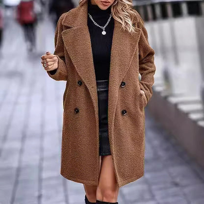 Fashion Button Pocket Long Sleeve Plush Women's Coat Brown
