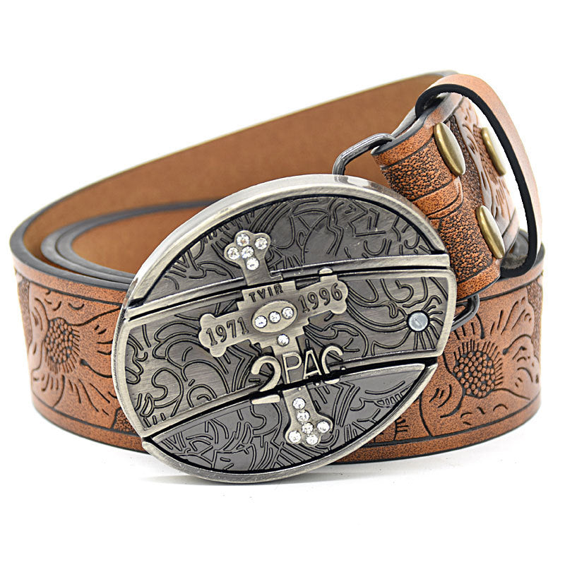 Personality Student Trendy Printing Engraving Smooth Buckle Knife Embossing Belt Small Cross Brown