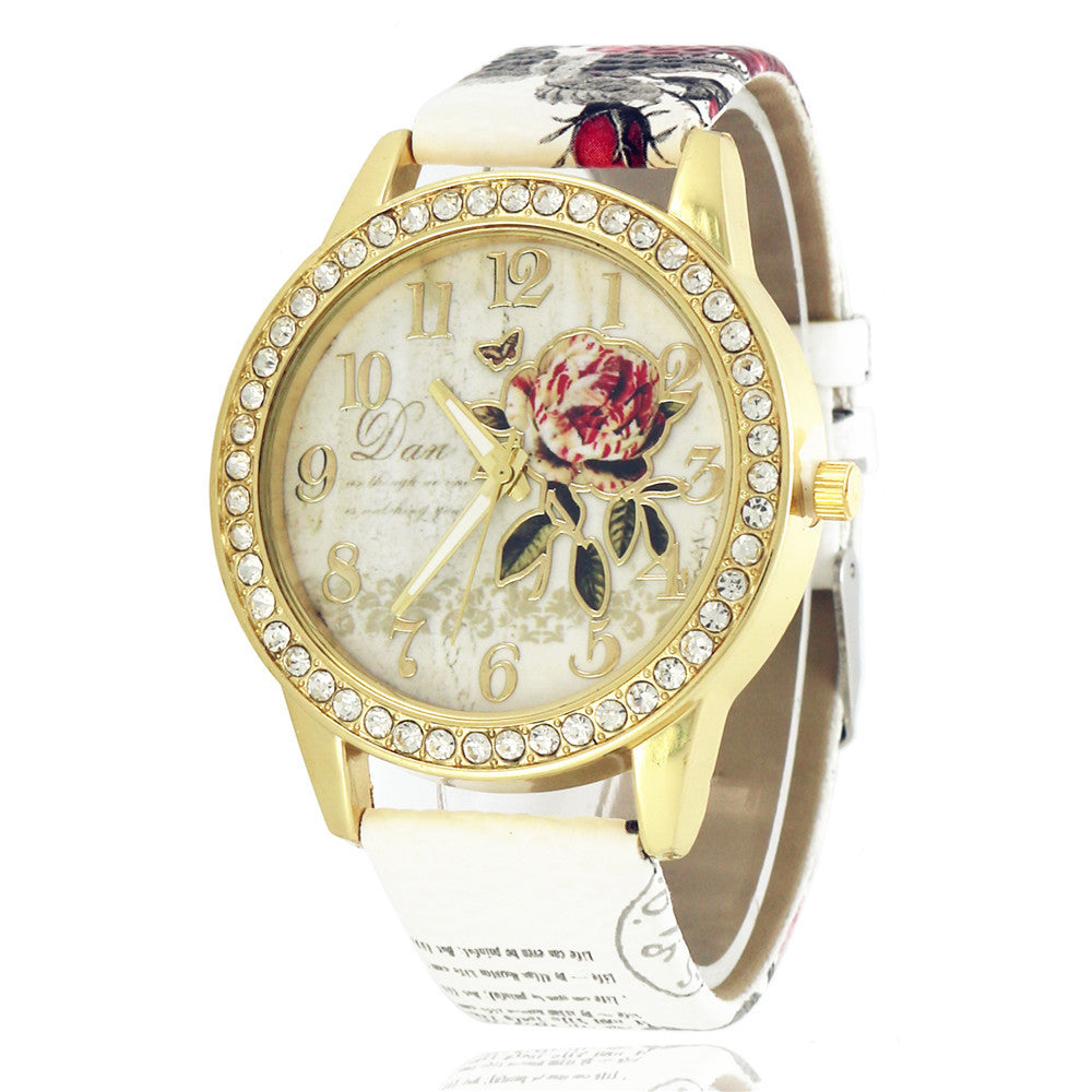 Diamond-inlaid Gold Case Rose Pattern Fashion Quartz Watch White