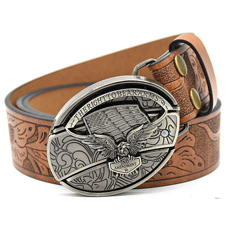 Personality Student Trendy Printing Engraving Smooth Buckle Knife Embossing Belt American Eagle Brown