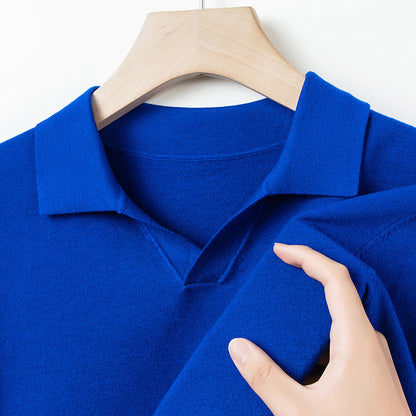 Autumn And Spring Seagull Collar 6 Wool Men's Anti-Pilling Knitted Long Sleeve Polo Shirt Ke Lai Yin Blue