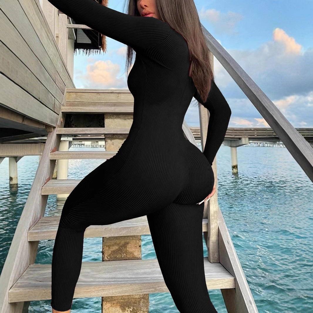 Casual Ribbed Zip-up Jumpsuit Long Sleeves Black