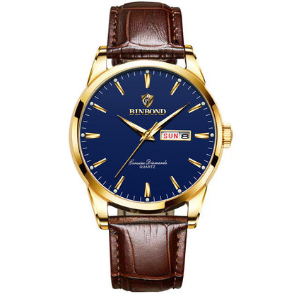 Double Calendar Waterproof Quartz Watch Men Brown Leather And Blue Surface Male Style