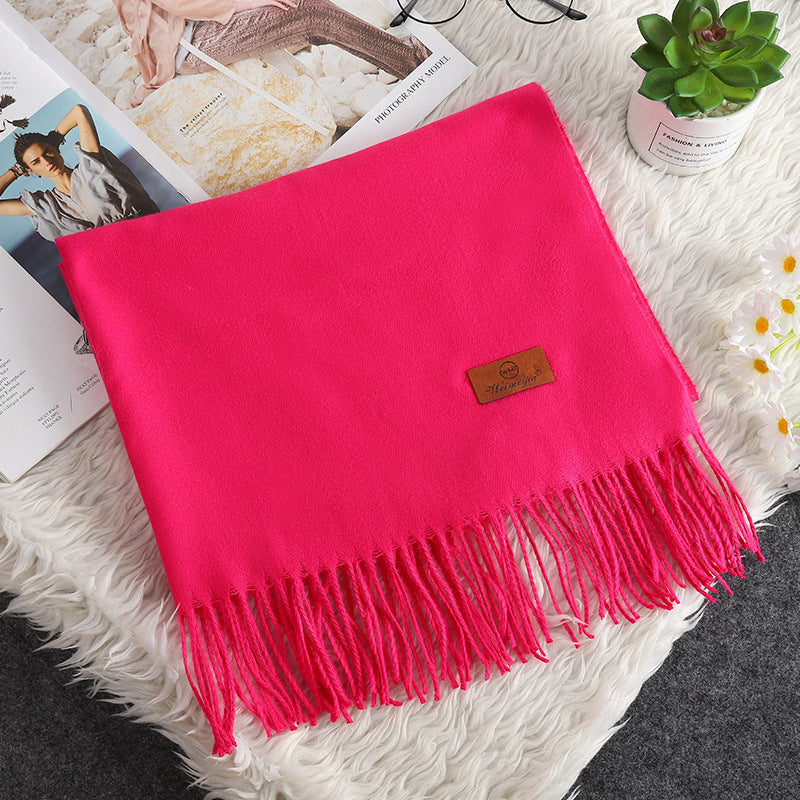 Solid Color Cashmere-like Bristle Scarf Ladies Tassel Warm Gift Rose Red 200x70cm