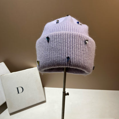 Color Diamond Light Luxury Winter Rabbit Hair Knitted Hat Personality Colorful Light Purple Free Size