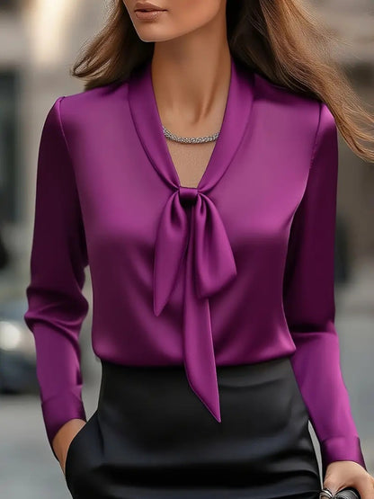 Fashionable Elegant Solid Color Tie Satin Long Sleeve Shirt Purple