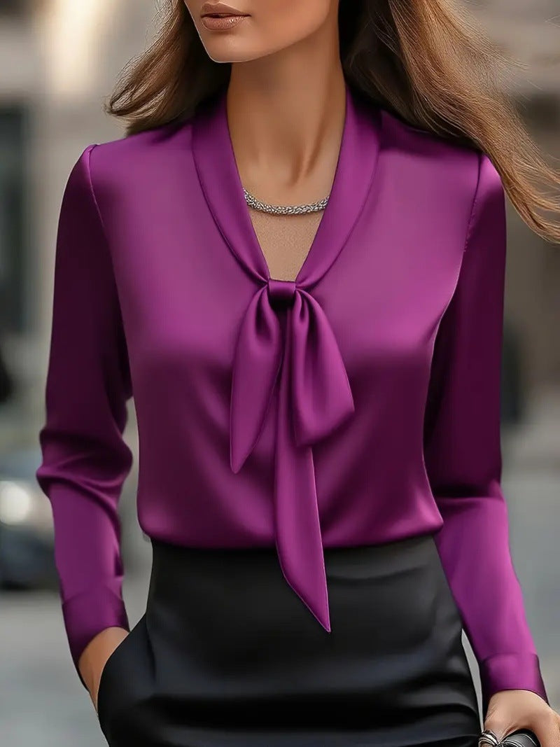 Fashionable Elegant Solid Color Tie Satin Long Sleeve Shirt Purple
