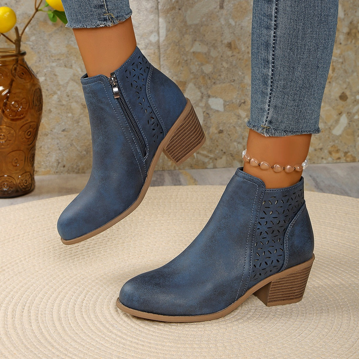 Hollow-out Pointed Toe Low-cut Square Heel Women's Boots Blue