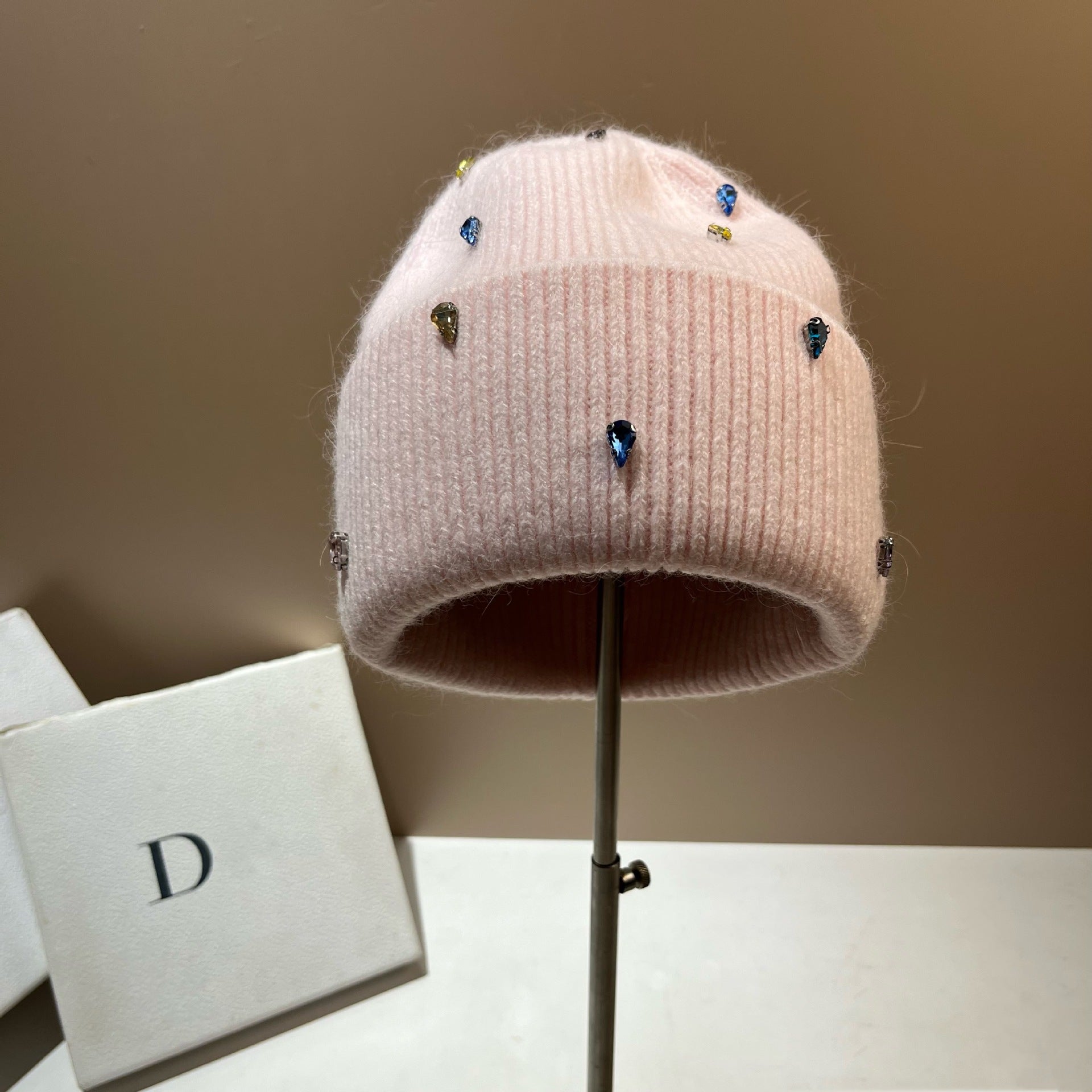 Color Diamond Light Luxury Winter Rabbit Hair Knitted Hat Personality Colorful Pink Free Size