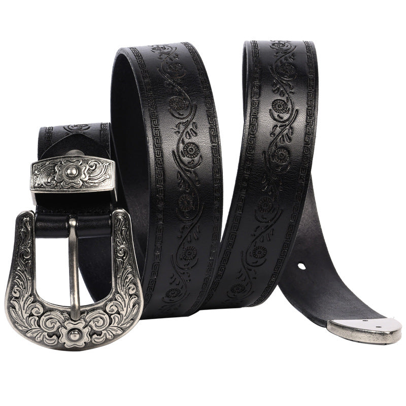 Embossed First Layer Cowhide Men's Mongolian Style Personalized Carved Belt Lucky Flower Black