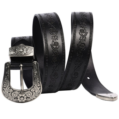 Embossed First Layer Cowhide Men's Mongolian Style Personalized Carved Belt Lucky Flower Black