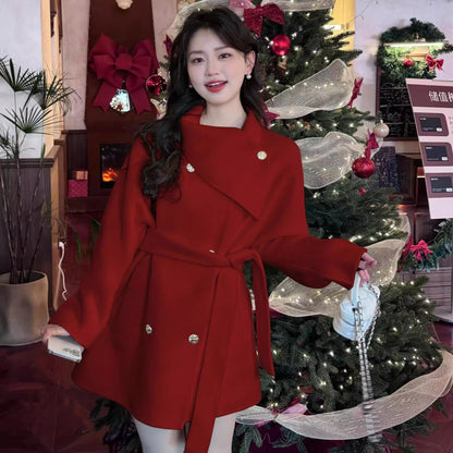 Premium Thick Wool New Waist-cropped Petite Coat Red