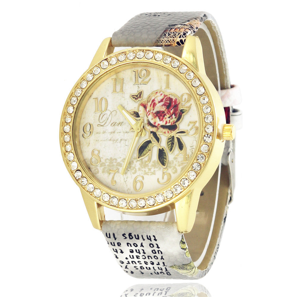 Diamond-inlaid Gold Case Rose Pattern Fashion Quartz Watch Gray