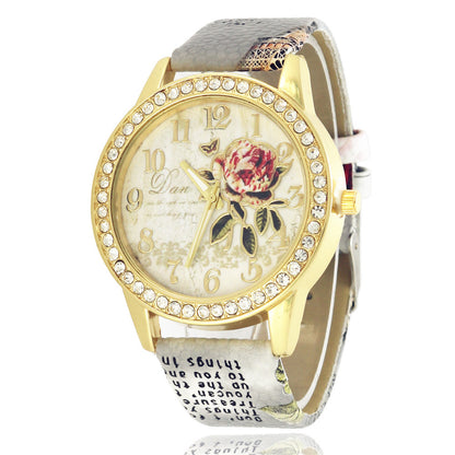 Diamond-inlaid Gold Case Rose Pattern Fashion Quartz Watch Gray