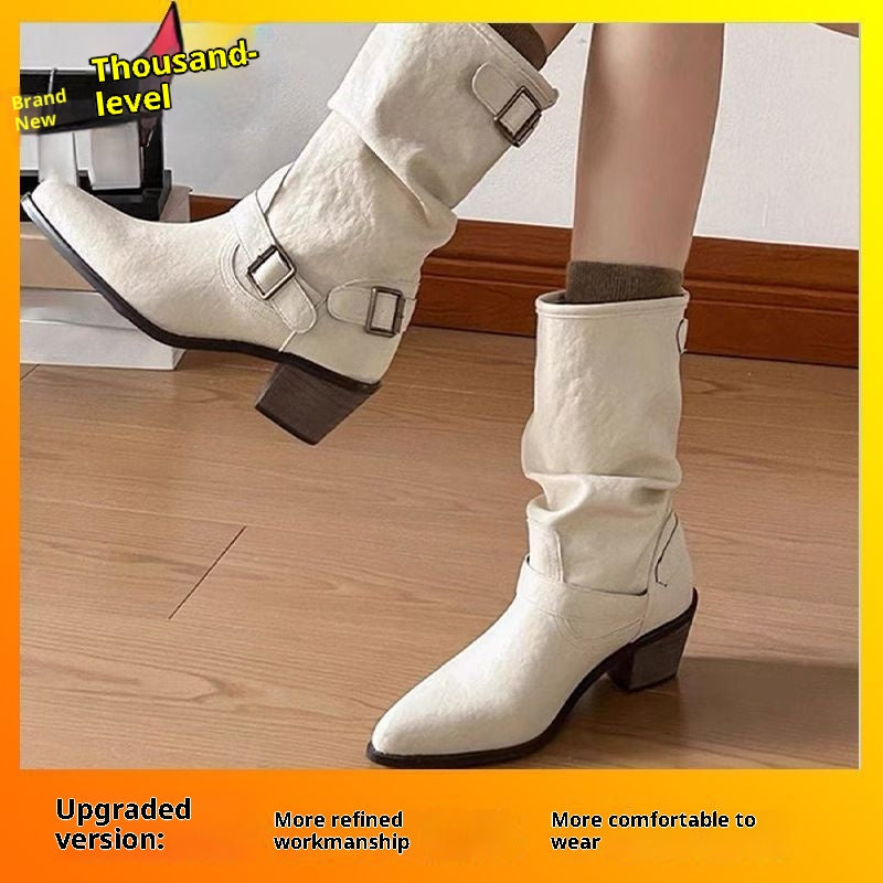 Fashion All-match Comfort And Casual Pointed Toe Chunky Heel Women's Boots White