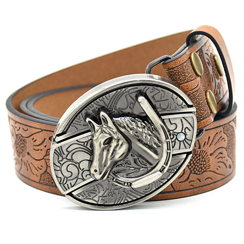 Personality Student Trendy Printing Engraving Smooth Buckle Knife Embossing Belt Horse Head Brown