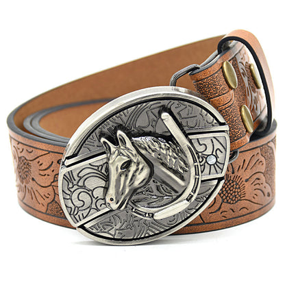 Personality Student Trendy Printing Engraving Smooth Buckle Knife Embossing Belt Horse Head Brown