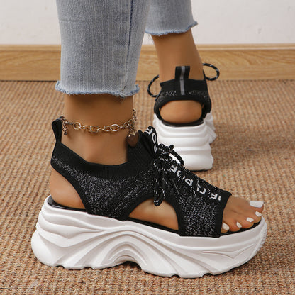 Women's Shoes Fashion Hollowed-out Mid Heel Mesh Sports Platform Sandals Black