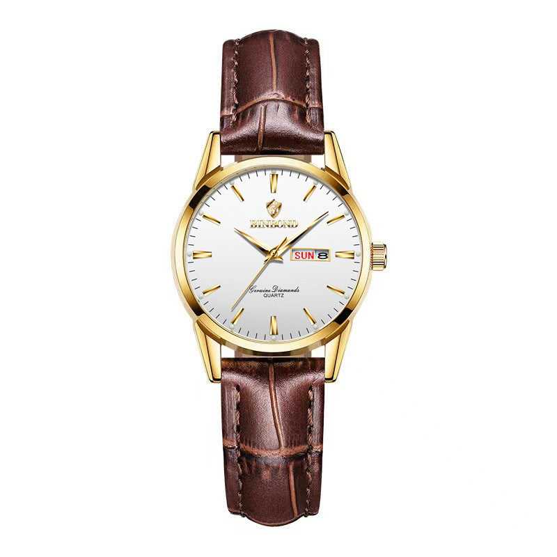 Double Calendar Waterproof Quartz Watch Men Brown Leather White Surface Female Style