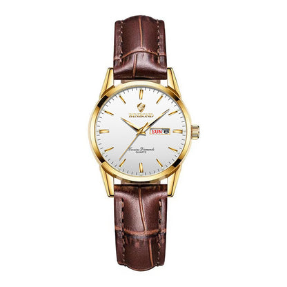 Double Calendar Waterproof Quartz Watch Men Brown Leather White Surface Female Style