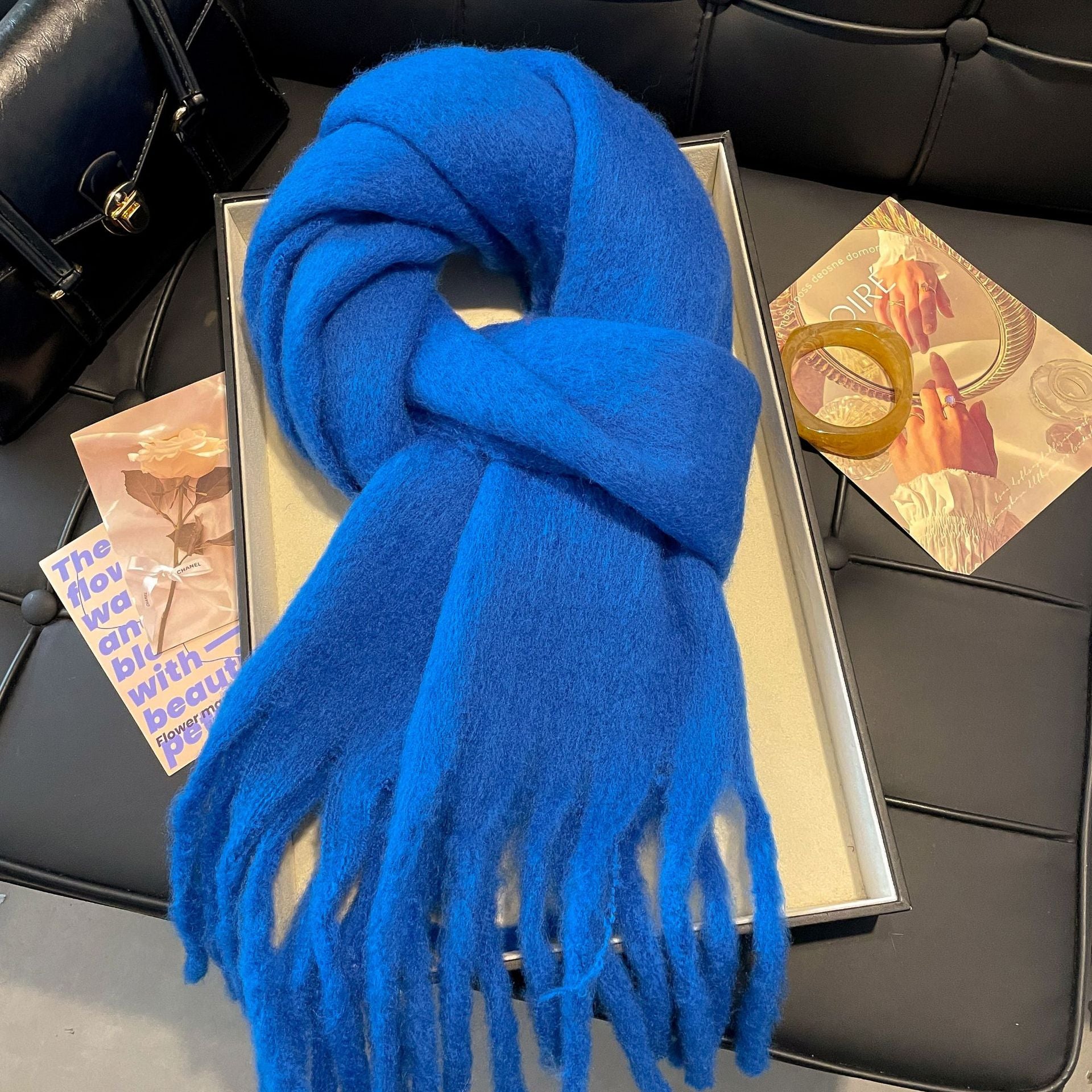 Scarf Winter Thicken Thermal Solid Color Mohair Shawl Large Mohair Haze blue