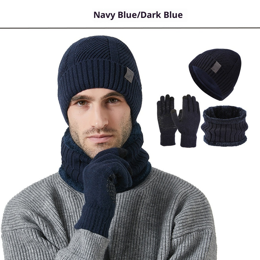 Winter New Thickened Men's Hat Scarf Gloves Three-piece Set Navy Blue