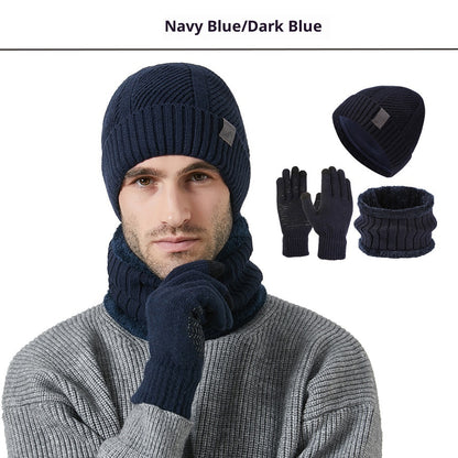 Winter New Thickened Men's Hat Scarf Gloves Three-piece Set Navy Blue