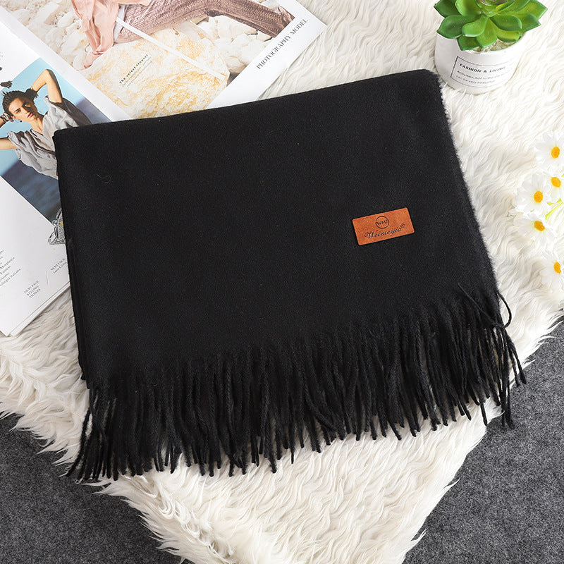 Solid Color Cashmere-like Bristle Scarf Ladies Tassel Warm Gift Black 200x70cm