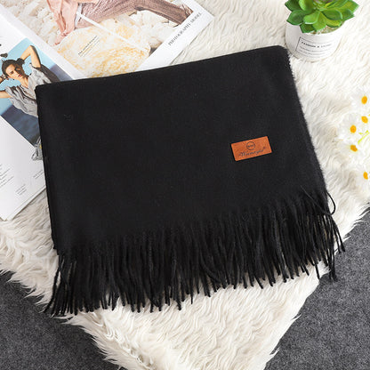 Solid Color Cashmere-like Bristle Scarf Ladies Tassel Warm Gift Black 200x70cm