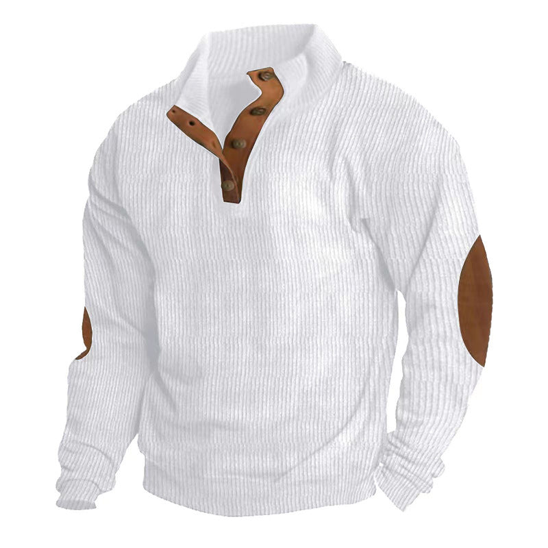 Casual Stand-Collar Long Sleeve Pullover Sweatshirt for Men Fashion Solid Color Striped Design Loose Tops White