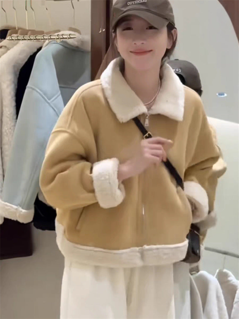 Korean-style Lamb Wool And Fur Coat Khaki