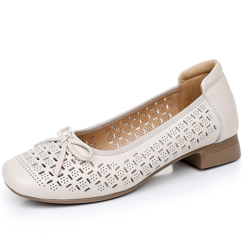 Summer Genuine Leather Breathable Low-cut Women's Shoes Beige